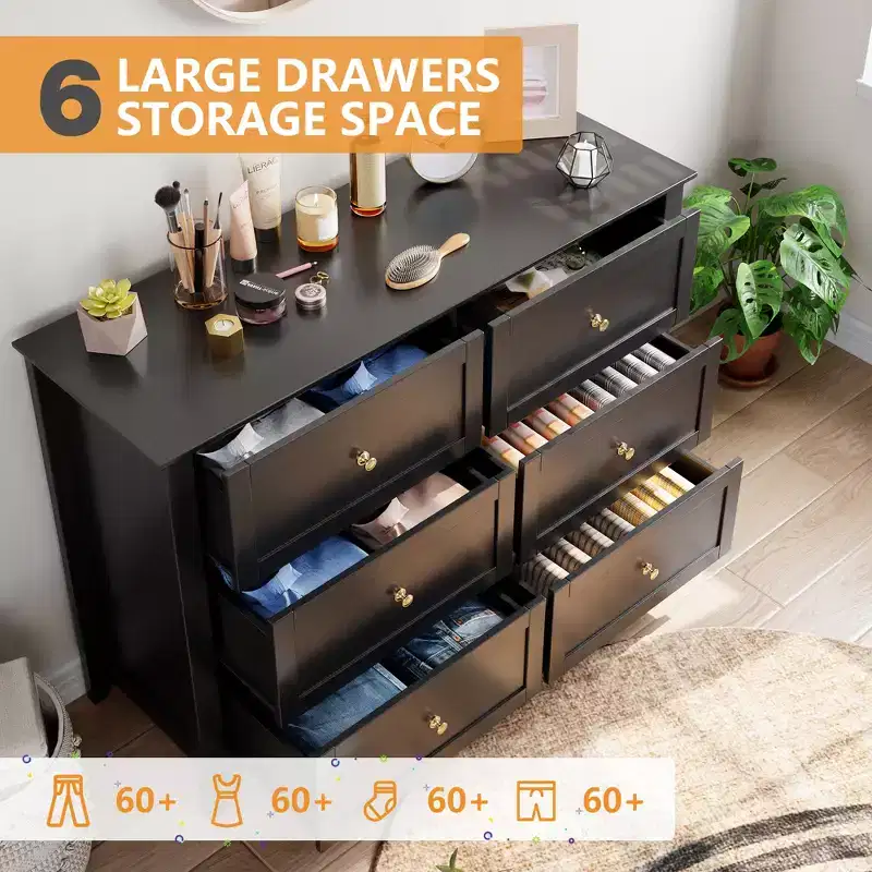GustoWave 6 Drawer Dresser, Modern Chest of Drawers with Round Handle and Sturdy Leg