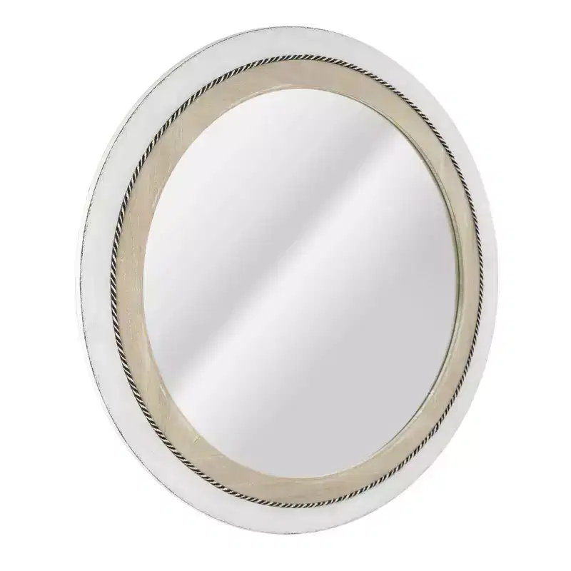 23" x 23" Rustic Wood Framed Round Wall Mirror with Inlaid Rope White/Brown - Head West: Includes Mounting Hardware, No Assembly Required