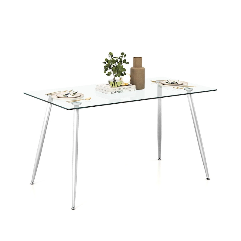 Gymax Modern Glass Dining Table Rectangular Dining Room Table W/Metal