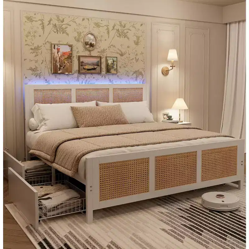 King Size Bed Frame with Headboard, Bohemian Rattan Platform Bed with Storage Drawers and LED Lighting