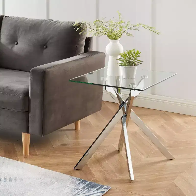 Modern Glass Side Table with Tempered Top and Metal Legs for Living Room