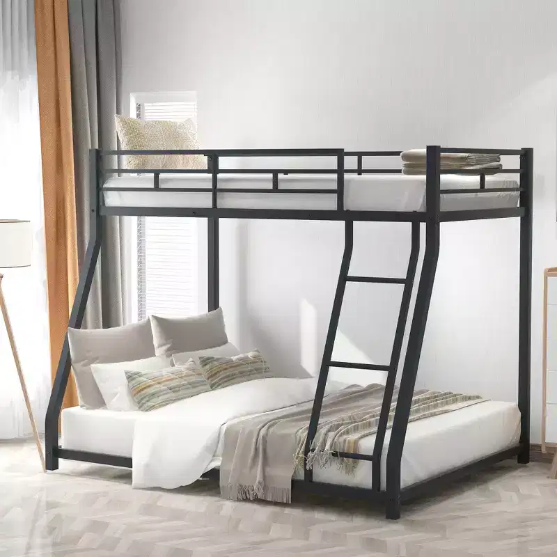 Twin over Full Metal Bunk Beds with Trundle, Heavy Duty Low Bunk Bed Frame for Kids Teens Adults, Black