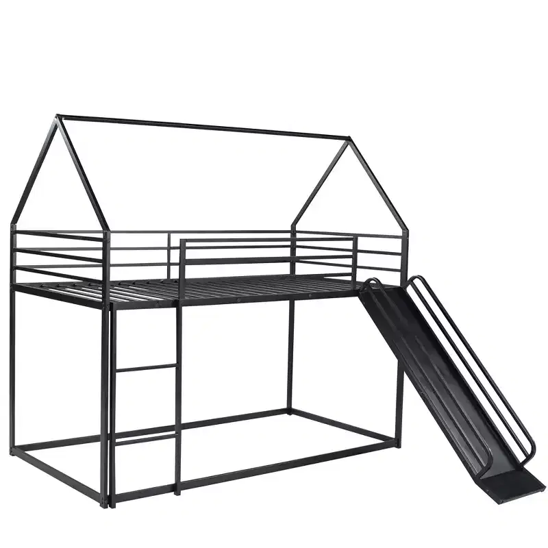 Twin over Twin Metal House Bunk Bed with Convertible Slide and Ladder