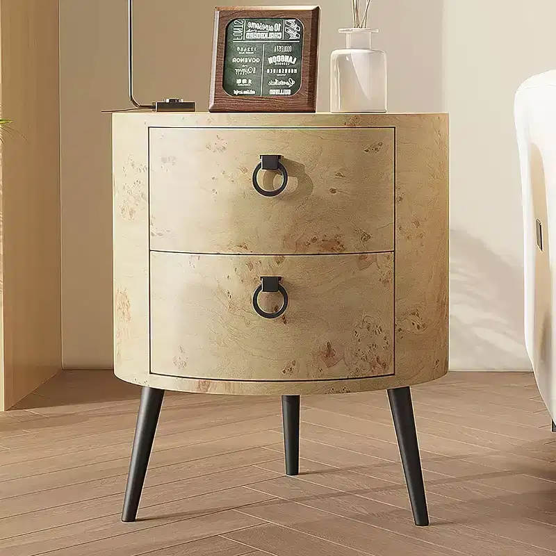Round Side Table with Drawers Modern Night Stand with Storage Wooden Accent End Table Circle Bedside Table with Metal Legs for Living Room, Bedroom