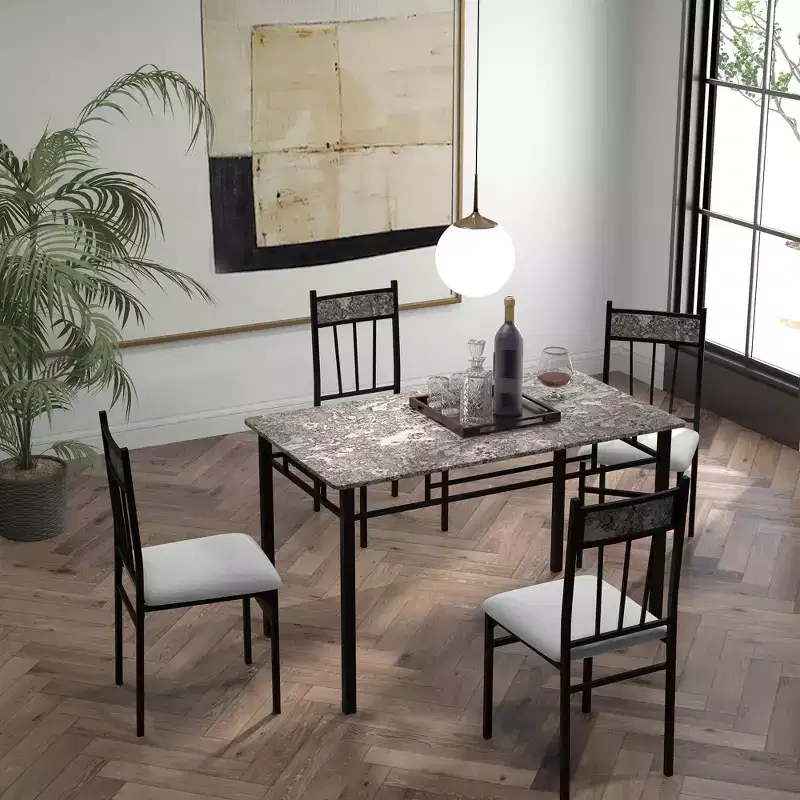 Costway 5 Piece Dining Set Faux Marble Top Table 30'' and 4 Padded Seat Chairs W/ Metal Legs