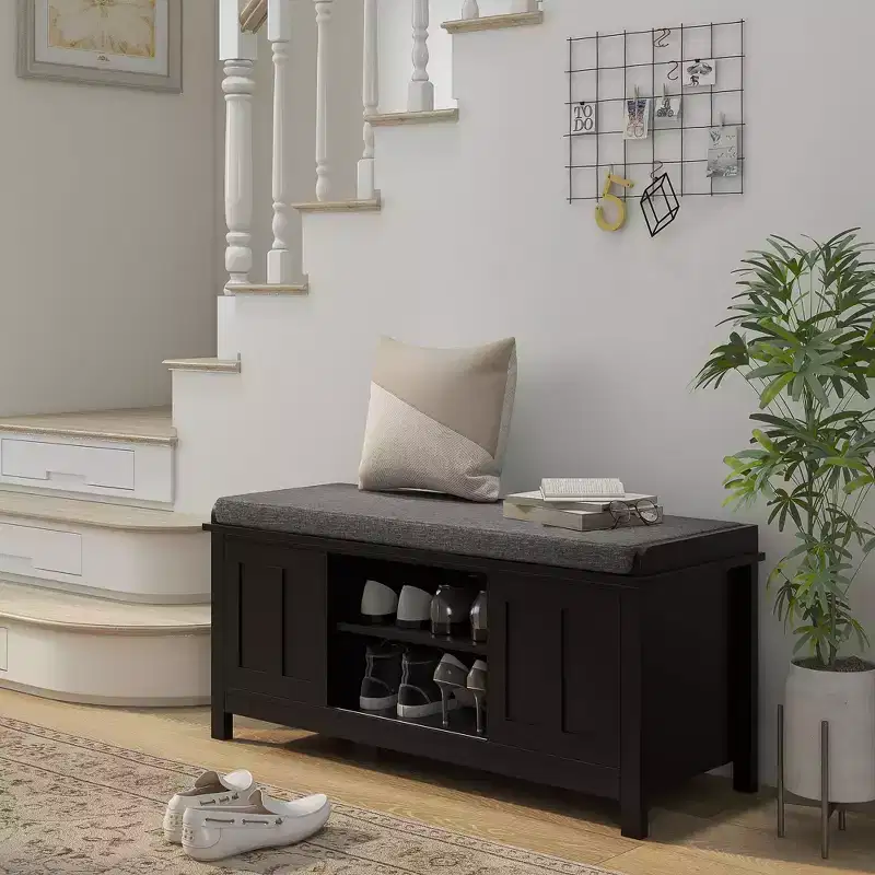 TUYOHW Entryway Shoe Bench Storage Ottoman with Sliding Doors, Adjustable Shelving with 6 Compartments and Padded Seat