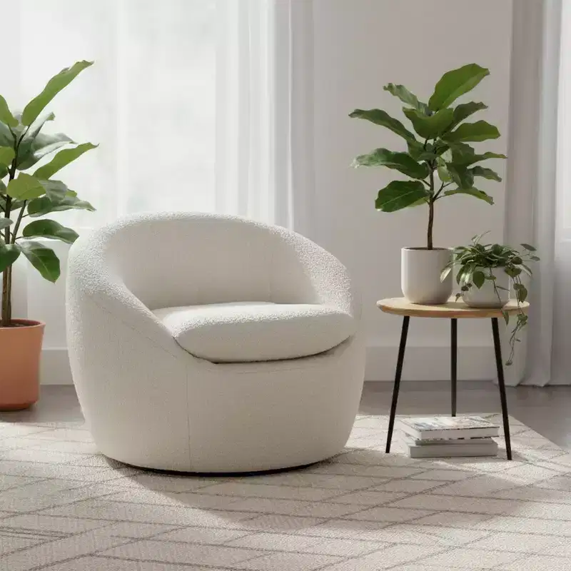 Modern Boucle Swivel Barrel Accent Chair with 360° Base and Cushioned Seat, White