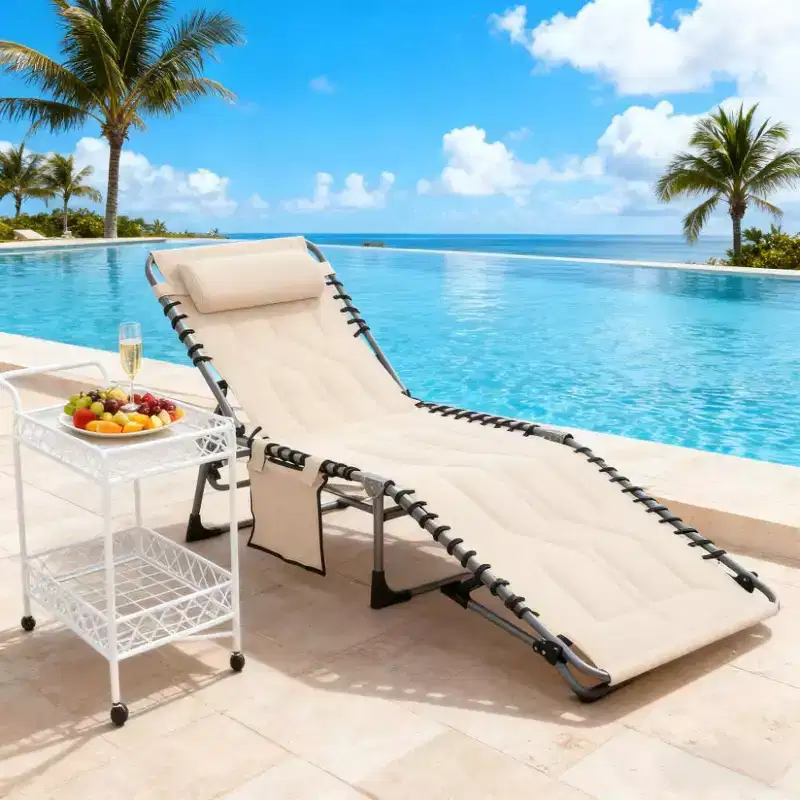 Outdoor Reclining Chaise Lounge  Padded Folding Chair with Adjustable Backrest & Headrest for Pool, Beach or Backyard