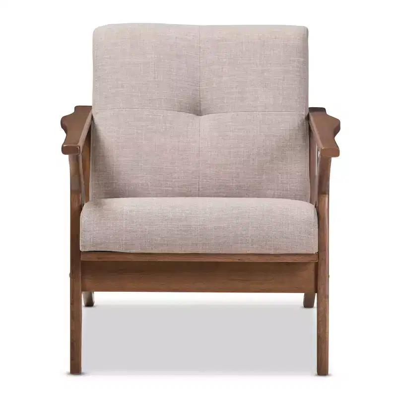 Light Gray Tufted Lounge Chair, Walnut Finish, 1-Seater