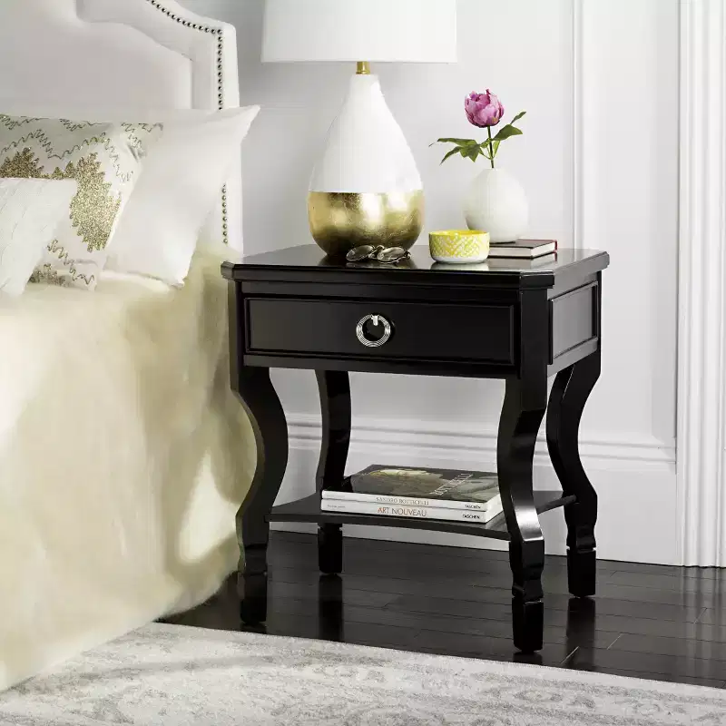 1-Drawer Nightstand, Rubberwood Bedside Table with Open Shelf and High-Gloss Iron Hardware