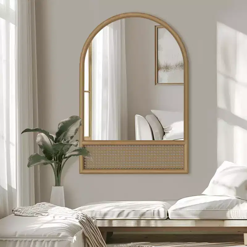 Arch Wall Mirror with Rattan Wood Frame, 36x24 in, Brown
