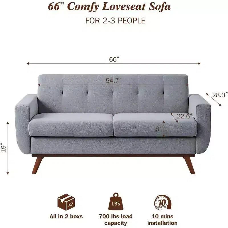 Dyonery 66'' Loveseat Sofa, Mid Century Modern Love Seat Sofas and Comfy Linen Couches for Living Room, Easy Assembly