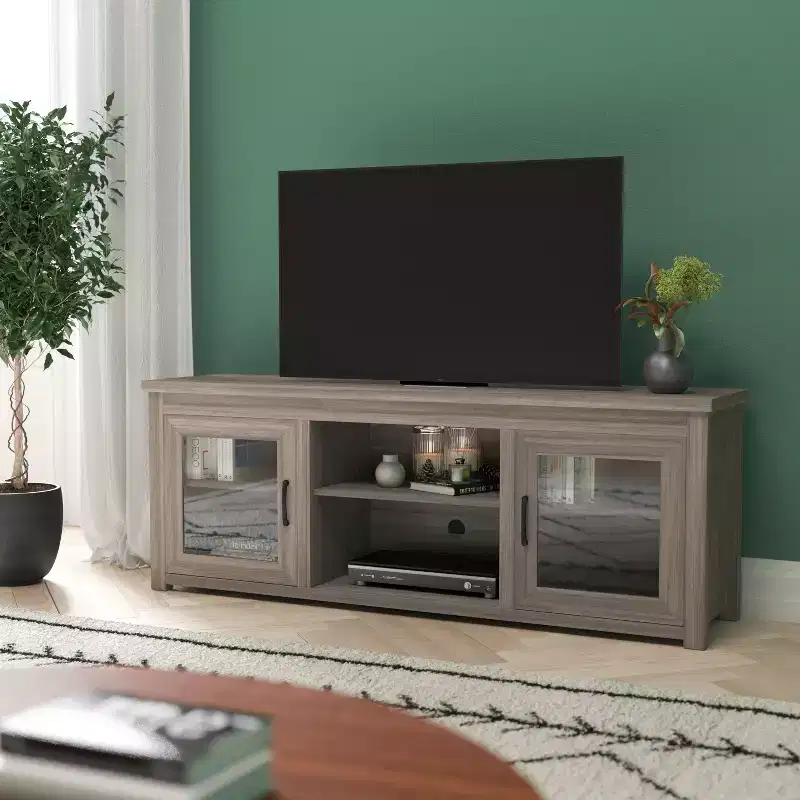 Emma and Oliver TV Stand for up to 80 TV's - 65 Media Console with Classic Full Glass Doors & 3 Adjustable Shelves