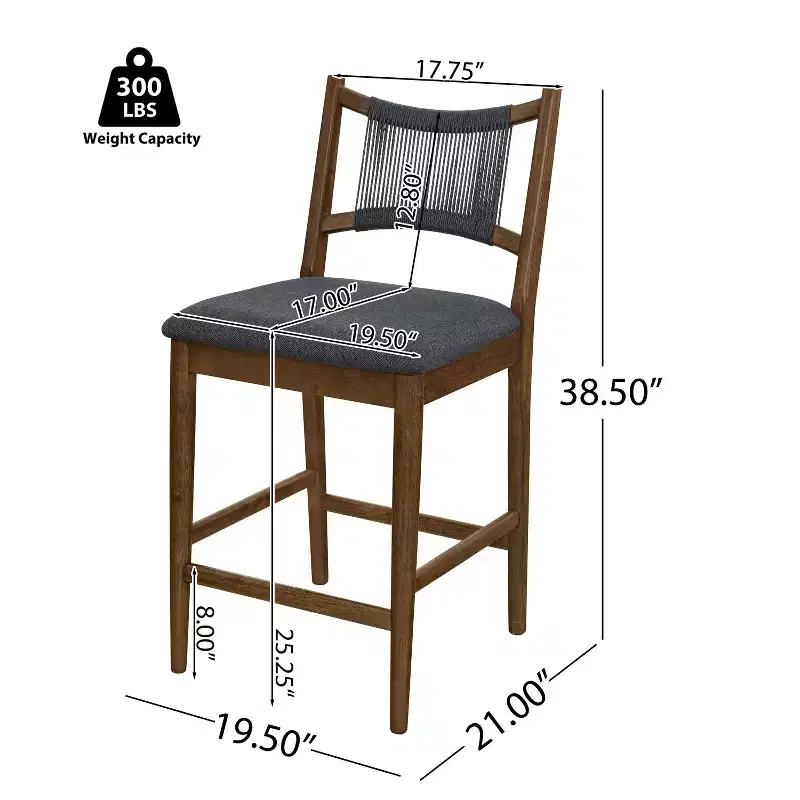 Set of 2 Modern Rubberwood Upholstered Counter Stools with Woven Rope Backrest, 300 lbs