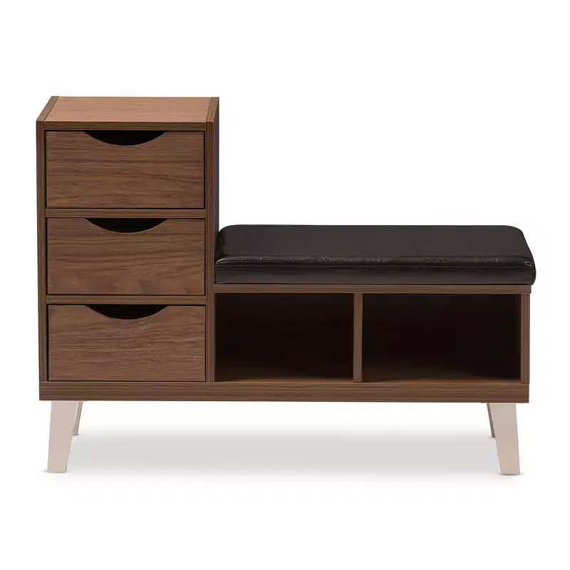 Modern 3-Drawer Shoe Storage Padded Leatherette Seating Bench with Two Open Shelves - Walnut Brown