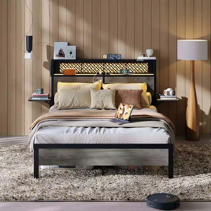 Queen/Full Size LED Platform Bed with Storage Headboard & Charging Station