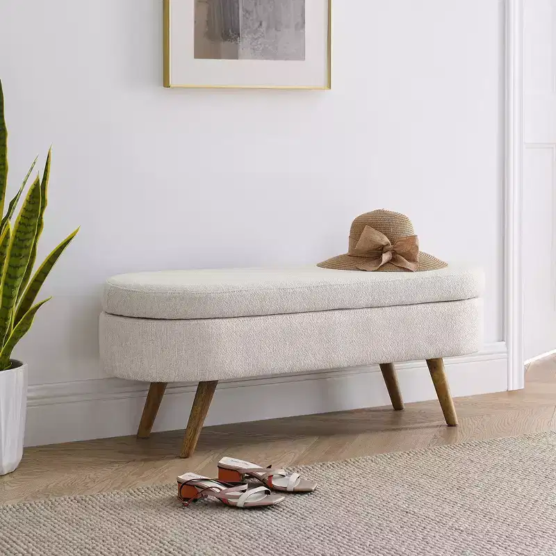 Oval Storage Bench with Rubberwood Legs, Modern Tufted Ottoman - ModernLuxe
