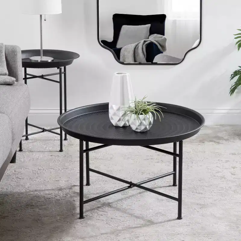 Round Metal Coffee Table with Moroccan Embossed Pattern, Black