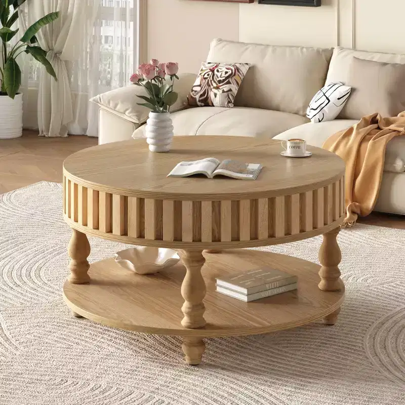 Mid Century Modern Fluted Coffee Table with Storage, Natural Wood Finish, Flip-Top Lid and Solid Wood Legs