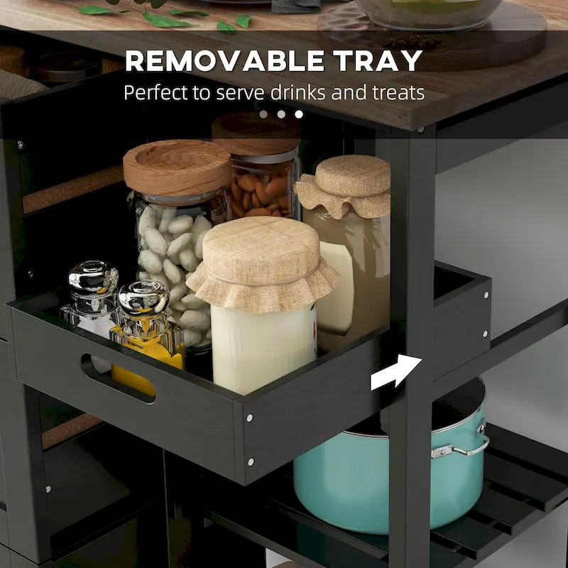 Rolling Kitchen Island Cart with Wood Top, Shelves and Drawers