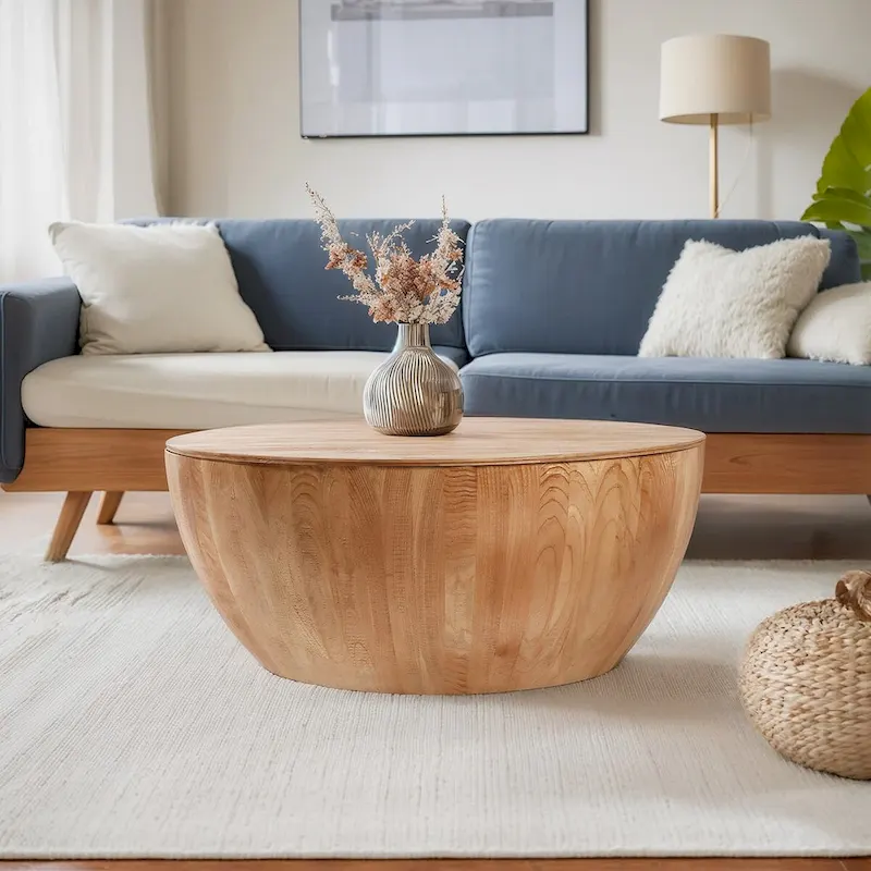 Round Bucket-Shape Coffee Table with Flip-Top Storage – Natural, 1-Unit