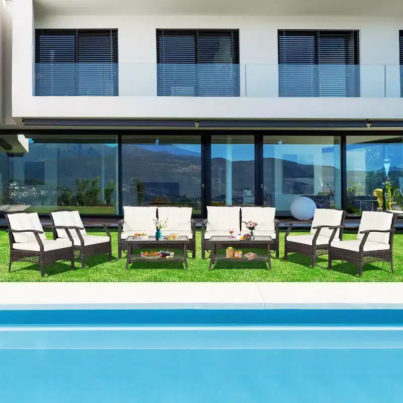 Costway 8 PCS Outdoor Rattan Conversation Set Patio Rattan Sofa Set W/ Protective Cover