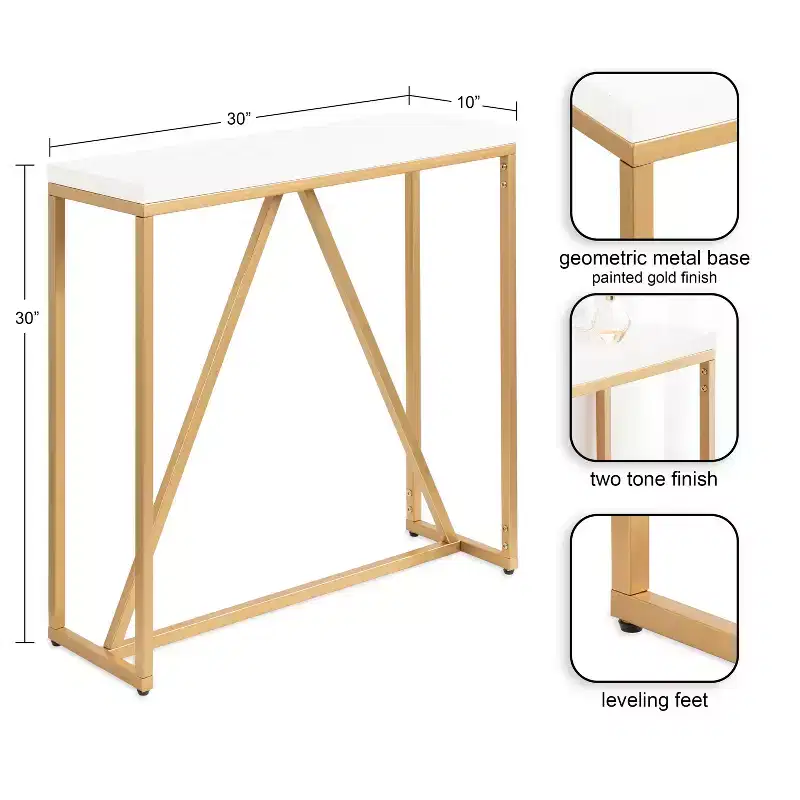 Rectangle MDF Console Table, 30x10x30, White and Gold