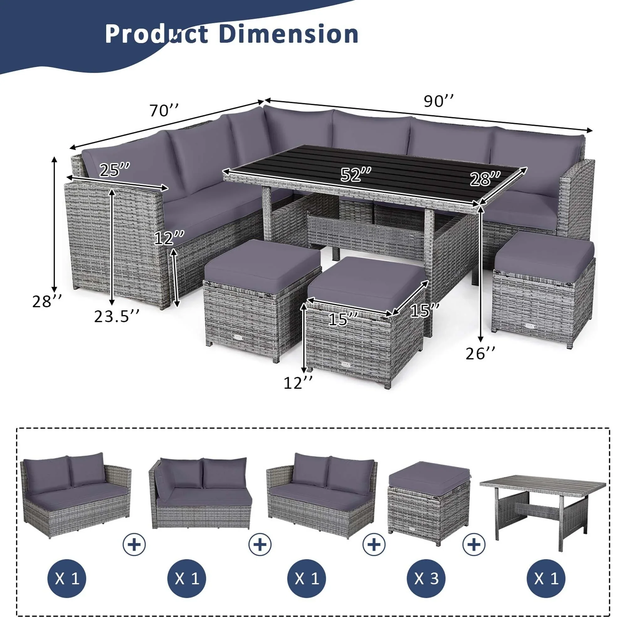 Costway 7 PCS Patio Rattan Dining Set Sectional Sofa Couch Ottoman - See Details