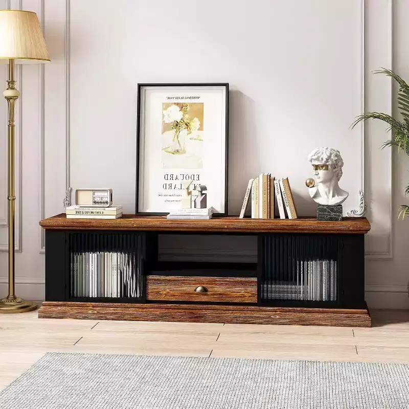 Acekool Modern TV Stand, Fir Wood & Iron Media Console, Large Drawer Storage, Open Shelf, Fits Up to 55 TV, 62.99 x 15.75 x 18.70