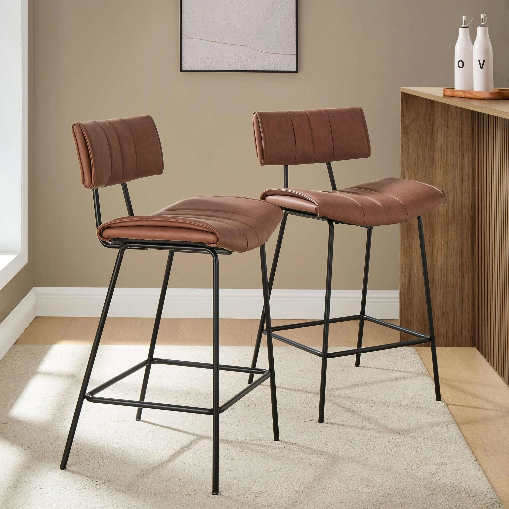 Retro Tan Faux Leather Barstool with Sculptural Curved Back for Kitchen
