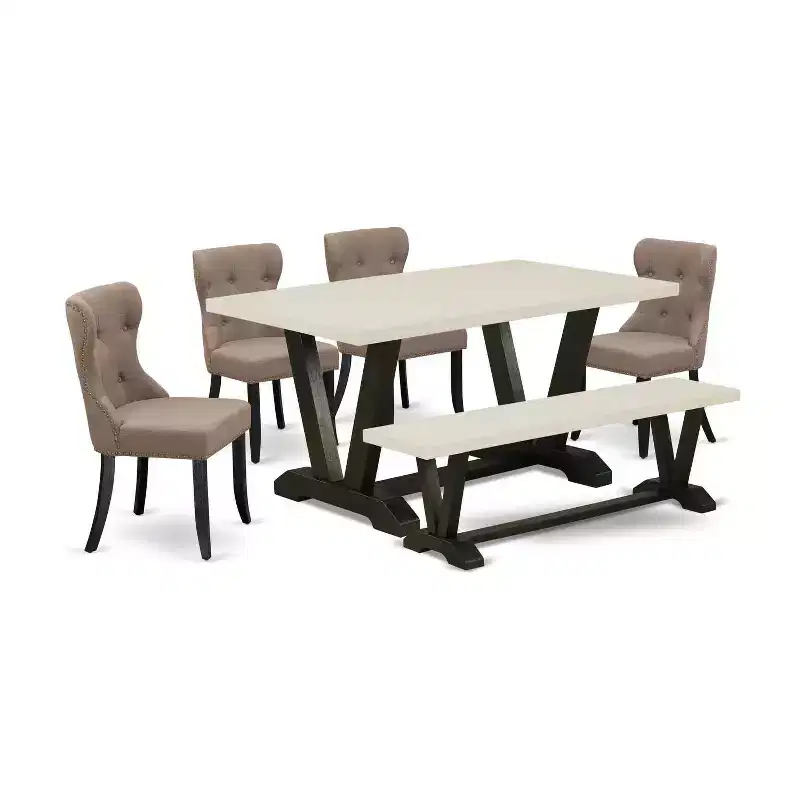 6-Piece Rectangle Natural Oak Finish Solid Wood Top Dining Table with 1-Bench, 4-Chairs