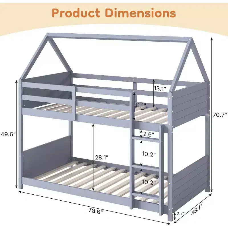 Zevemomo Twin Over Twin House Shaped Bunk Bed Frame with Ladder, Full-Length Bed Rail, Slats for Dormitory and Bedroom, Space Saving, Grey