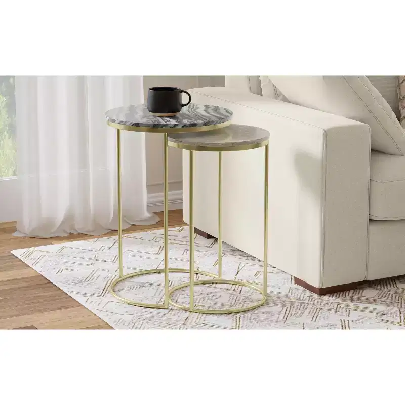 Romina Modern Contemporary 16 inch Wide Metal 2 Pc Nesting Table in Gold , Fully Assembled