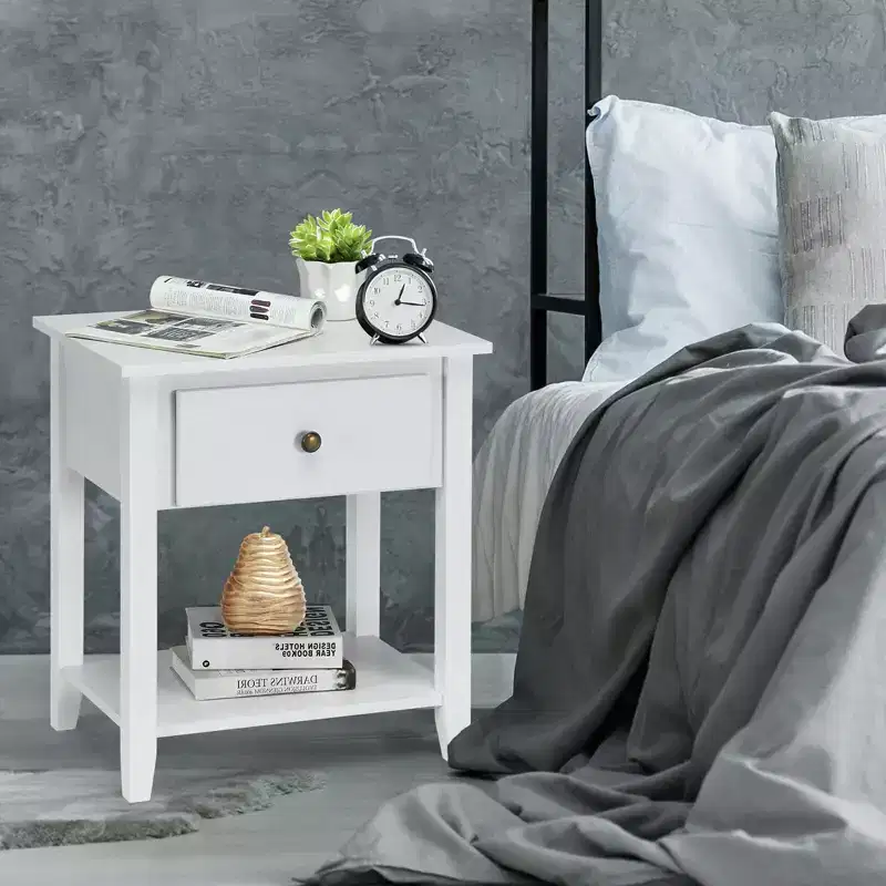 Costway 2PCS Nightstand Sofa End Side Table W/ Storage Drawer Bottom Shelf White