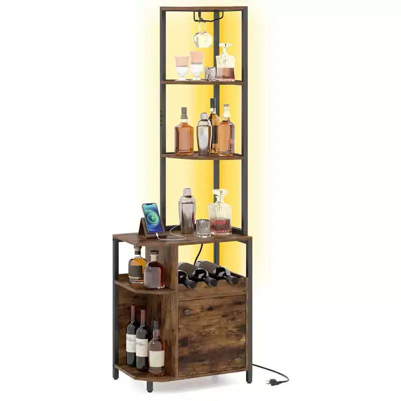 Corner Bar Cabinet with LED Lights & Charging Station, Glass Holder, Open Shelves