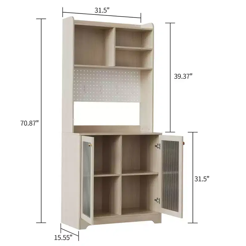 71 Tall Pantry Cabinet with 2 Glass Doors, Freestanding Kitchen Storage Cabinet with 7 Storage Blocks & Adjustable Shelves