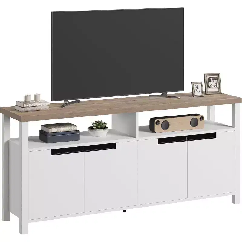 Farmhouse TV Stand for TVs up to 70 Inch, 63 Inch Long Entertainment Center with 4 Door and Open Shelf, Rustic Television Media Consoles Stands