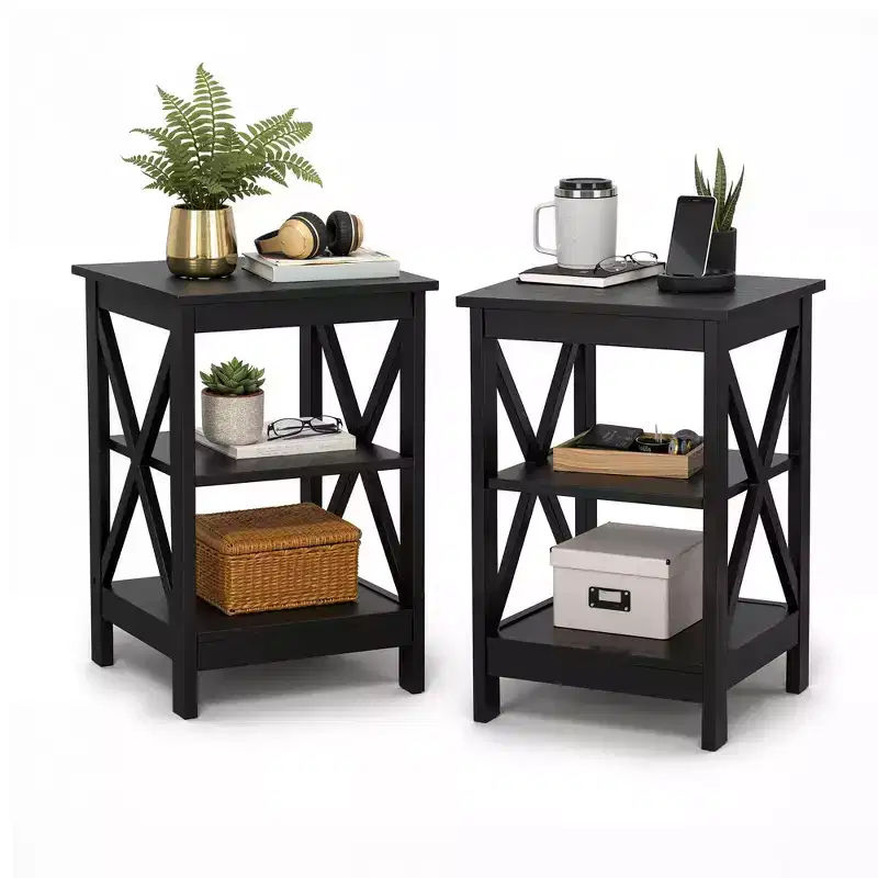 Farmhouse End Table of 2, 3-Tier Rustic Side Tables with X-Shape Design, Wooden Nightstands for Living Room or Bedroom