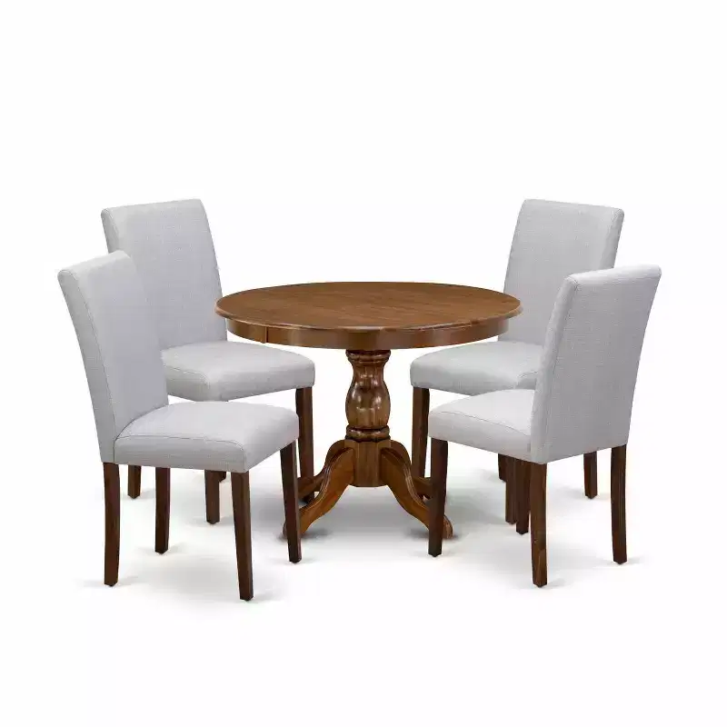 HomeStock 5-Piece Round Antique Walnut Finish Solid Wood Top Dining Table with 4 Upholstered Chairs with Slat Back