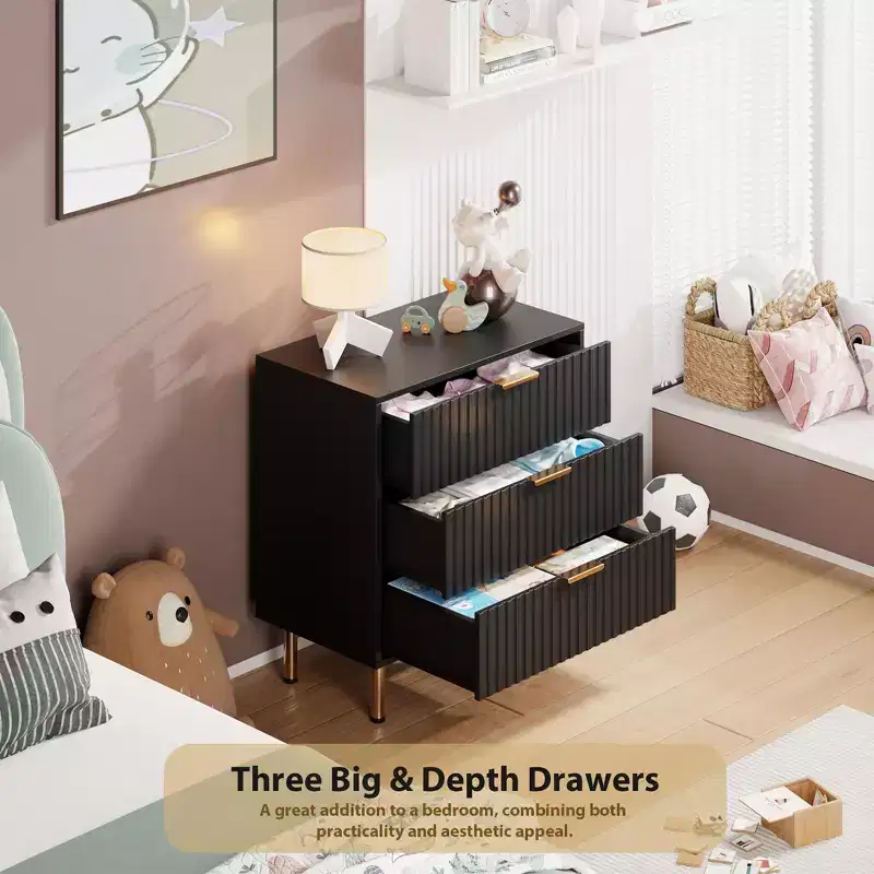 3 Drawer Dresser for Bedroom, Fluted Dresser with Large Drawers and Sturdy Gold Legs Support, Dressers & Chests of Drawers for Bedroom, Living Room
