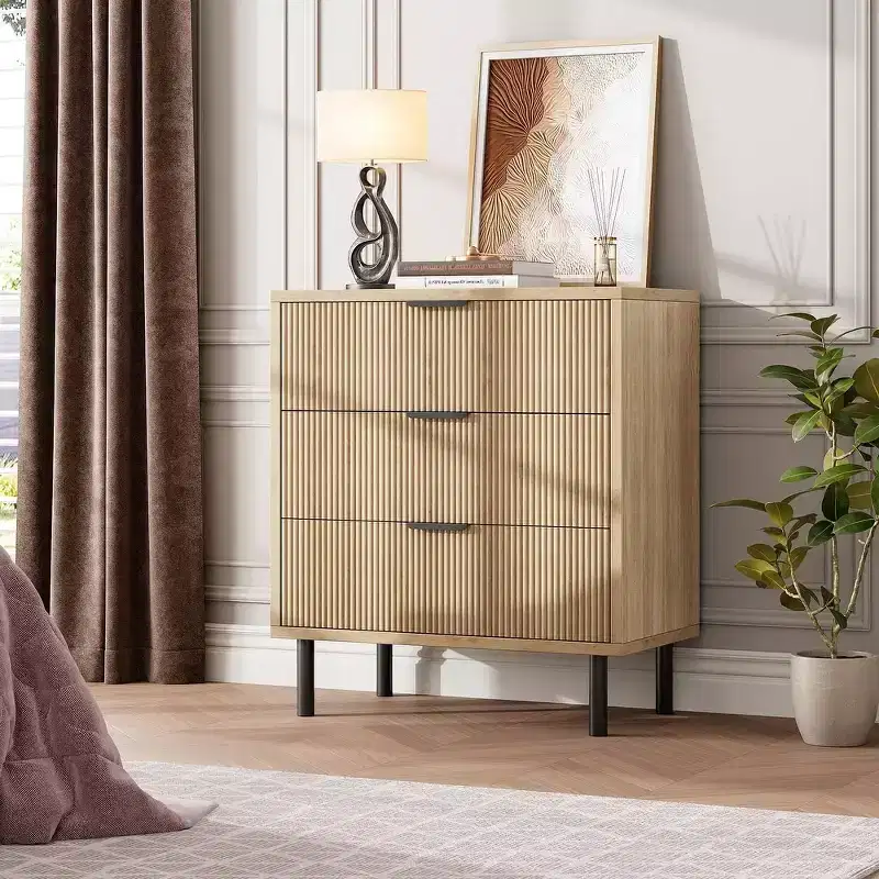Modern Fluted 3/5/6 Drawer Dresser with Metal Legs, Wood Chest of Drawers Storage Cabinet, Nightstand Organizer for Bedroom, Entryway, Hallway