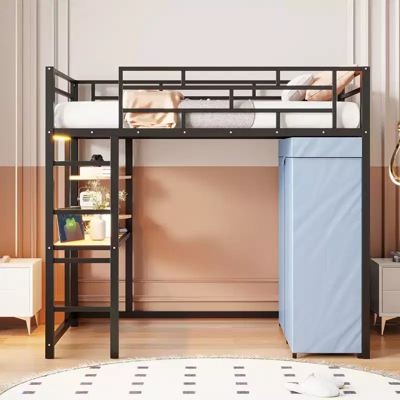 Twin/Full Size Metal Loft Bed with Desk, Shelves, LED Light & Wardrobe