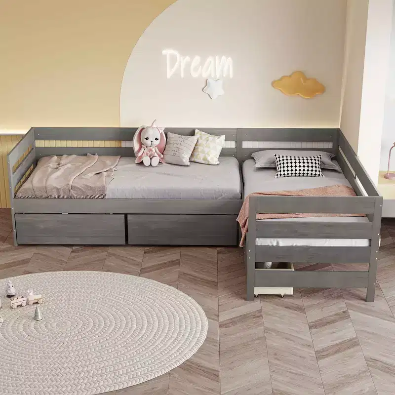 Whisen Twin Size L-shaped Platform Bed with Three Storage Drawers