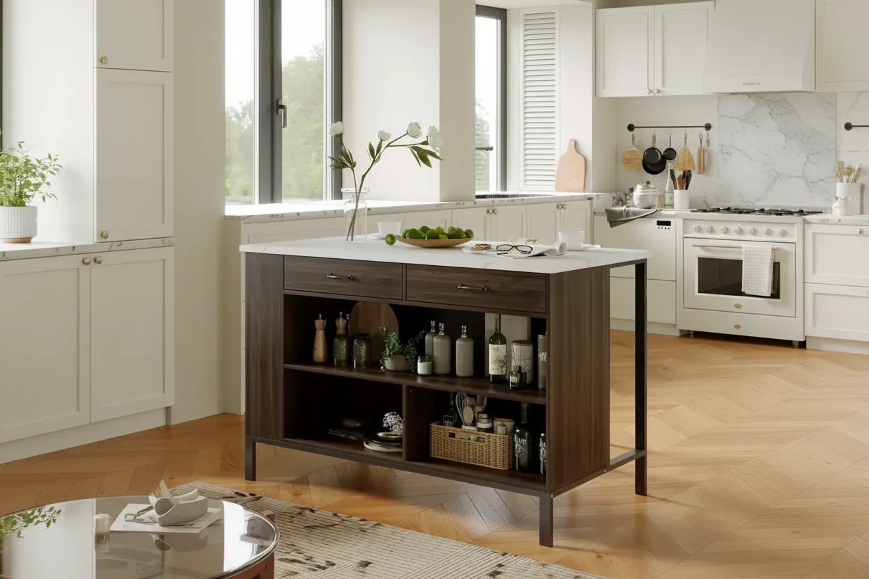 Kitchen Island Cart with Marble Countertop, 2 Drawers, 6 Shelves and Metal Legs, All-in-One Storage