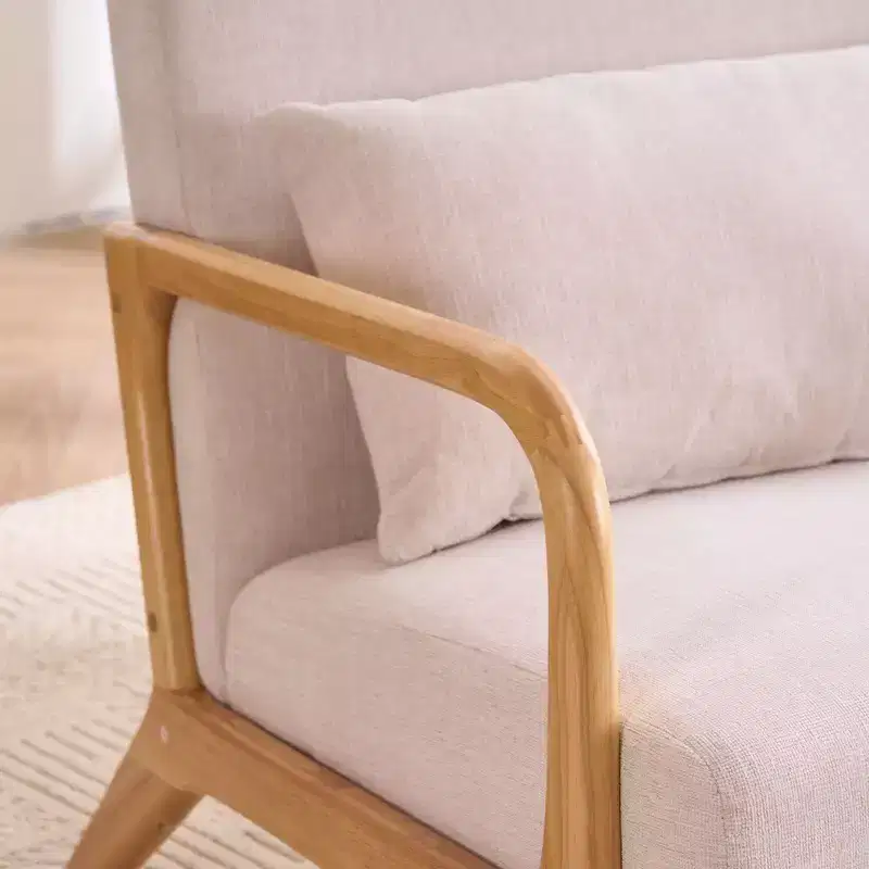 Modern Upholstered Accent Chair with Lumbar Pillow, Relaxing Armchair with Solid Wood Frame & Soft Cushion, Beige