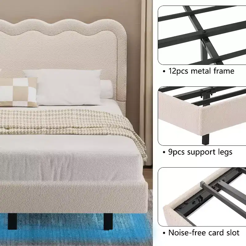 Dyonery Queen fabric bed frame with LED lights, floating bed frame with wavy headboard, no springs required, easy to assemble