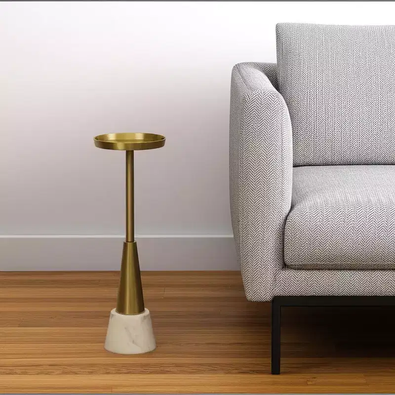 HomeRoots 24 Gold and White Metal Round Pedestal End Table