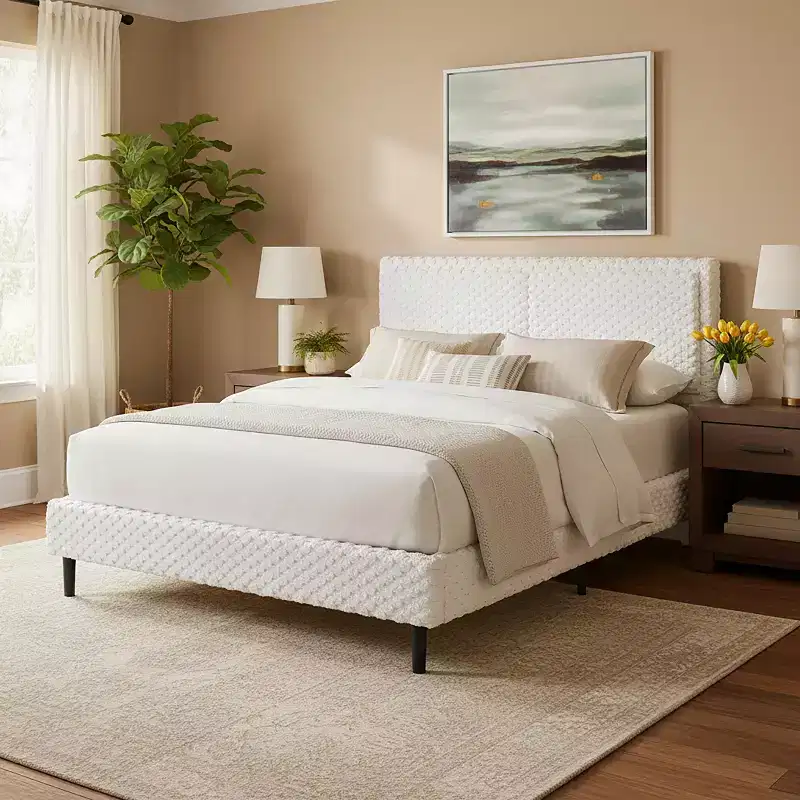 White Plush Upholstered Bed Frame with Soft Dual-Zone Backrest, Rounded Edges and Quiet Stable Support for Cozy Bedrooms, Queen