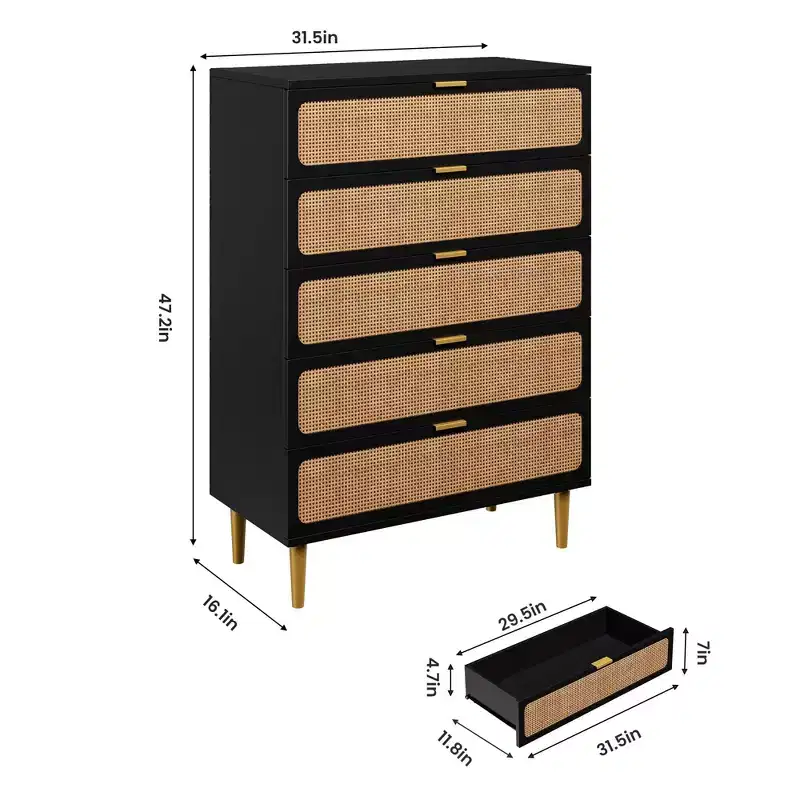 Rattan 5/6 Drawer Dresser for Bedroom, Large Double Dresser with Deep Drawers, Chest of Drawers for Closet with Wide Top