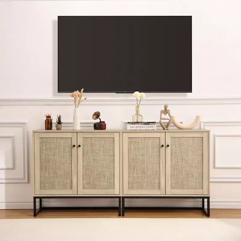Set of 2 Storage Cabinet with Rattan Doors, Rattan Sideboard Buffet Console Table for Living Room/Entryway/Kitchen/Dining Room